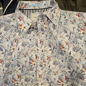 Large denim and flower short sleeve button up
